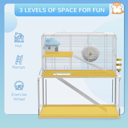 PawHut Gerbil Cage, Dwarf Hamster Cage w/ Deep Glass Bottom, Ramps Platforms Hut Exercise Wheel Water Bottle - White