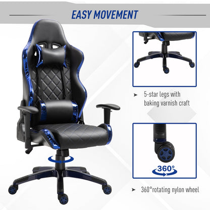 Vinsetto Holographic Stripe Gaming Chair Ergonomic PU Leather High Back 360¡ Swivel w/ 5 Wheels 2 Pillows Back Support Racing Reclining Black and Blue