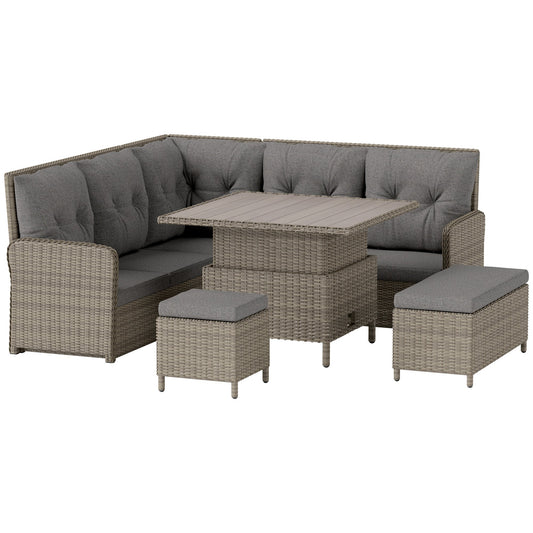 Outsunny 6-częściowy zestaw mebli ogrodowych z rattanu PE, narożna sofa na patio z wikliny z miękką wyściółką i podnoszonym stolikiem kawowym, jasnoszary