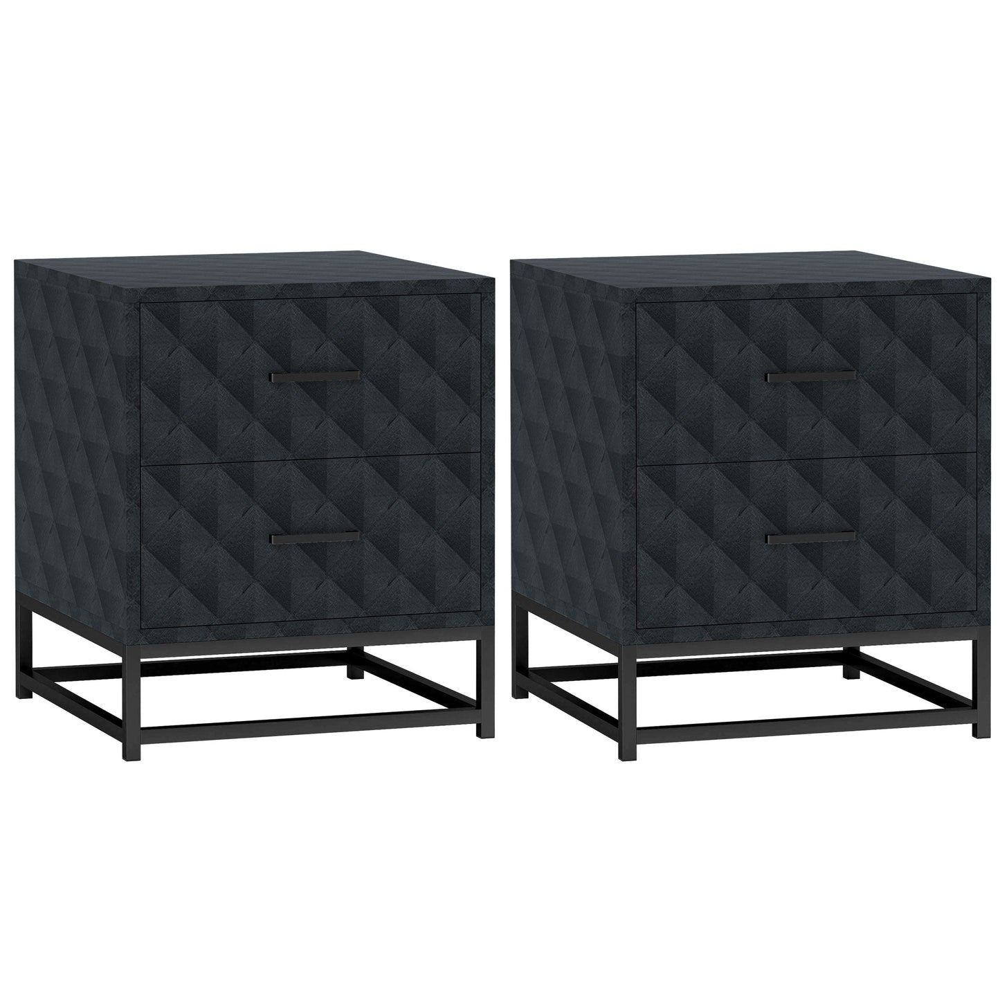 HOMCOM Bedside Tables Set of 2, Modern Bedside Table Nightstand with 2 Drawers, Bedside Cabinet Sofa Side Table with Storage, Steel Legs for Bedroom, Living Room, Black