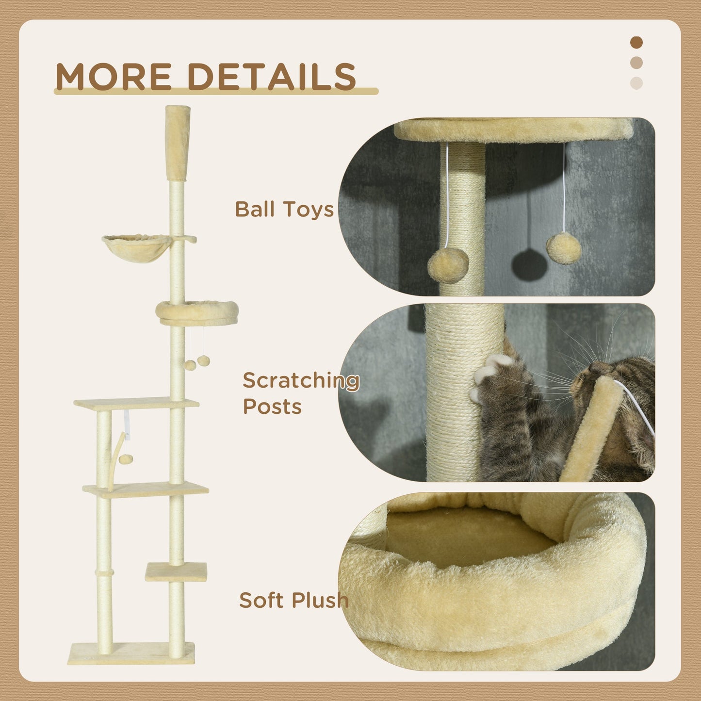 PawHut Floor to Ceiling Cat Tree for Indoor Cats, 6-Tier Play Tower Climbing Activity Center with Scratching Post, Platforms, Bed, Hammock, Adjustable Height 230-250cm, Beige