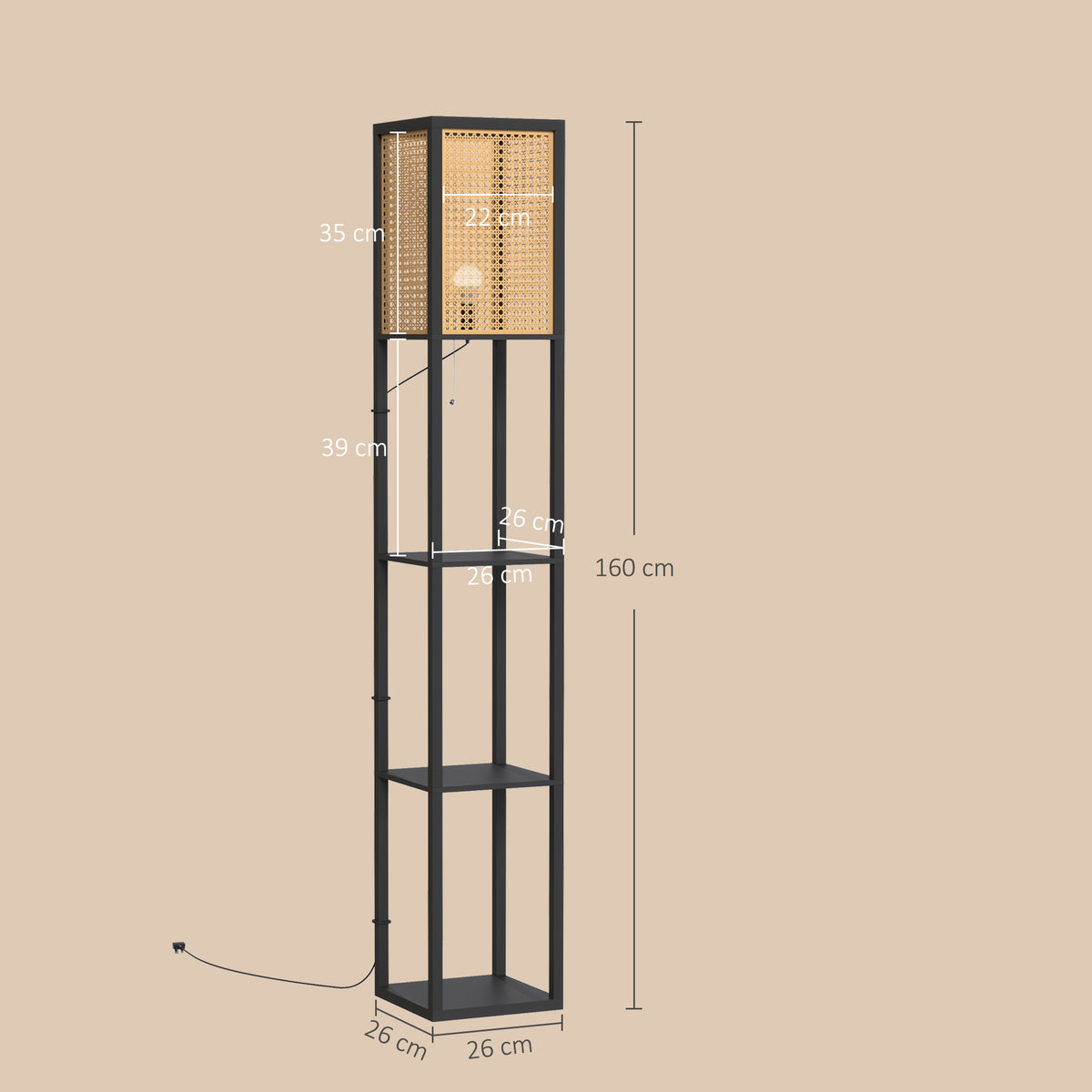 HOMCOM Floor Lamp with Shelves, Rattan Shade and Pull-Chain Switch, 3-Tier Storage Shelves for Bedroom Living Room, Black