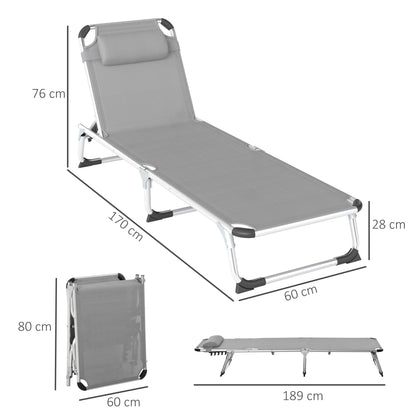 Outsunny Foldable Outdoor Sun Lounger Set of 2, Reclining Lounge Chair Camping Bed Cot with Pillow 4-Level Adjustable Back Aluminium Frame, Light Grey