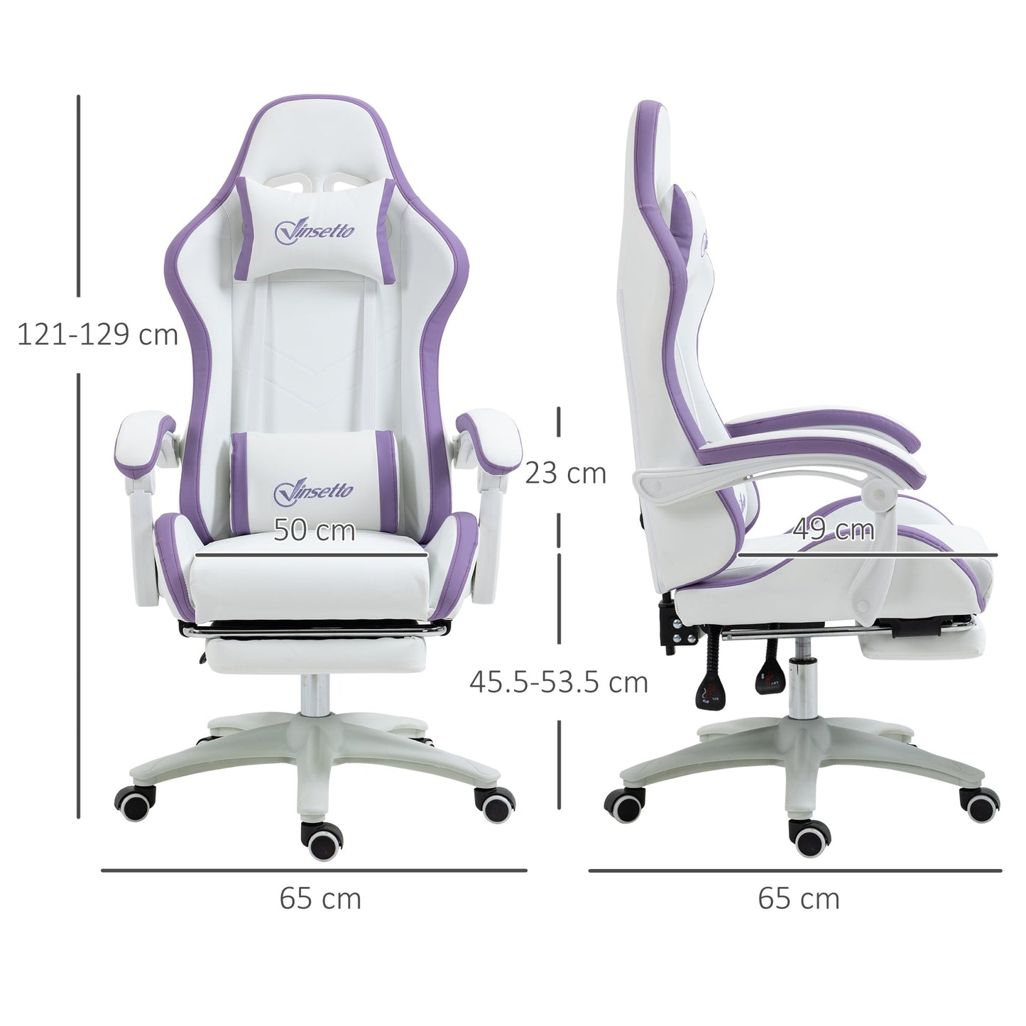 Vinsetto Computer Gaming Chair, PU Leather Office Desk Chair with Footrest, Swivel Wheels, 135 Reclining Back, Lumbar Support, Headrest for Home, White and Purple