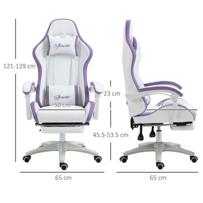 Vinsetto Computer Gaming Chair, PU Leather Office Desk Chair with Footrest, Swivel Wheels, 135 Reclining Back, Lumbar Support, Headrest for Home, White and Purple