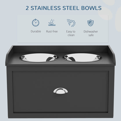 PawHut Stainless Steel Raised Dog Bowls, with 21L Storage Drawer for Large Dogs and Cats - Black