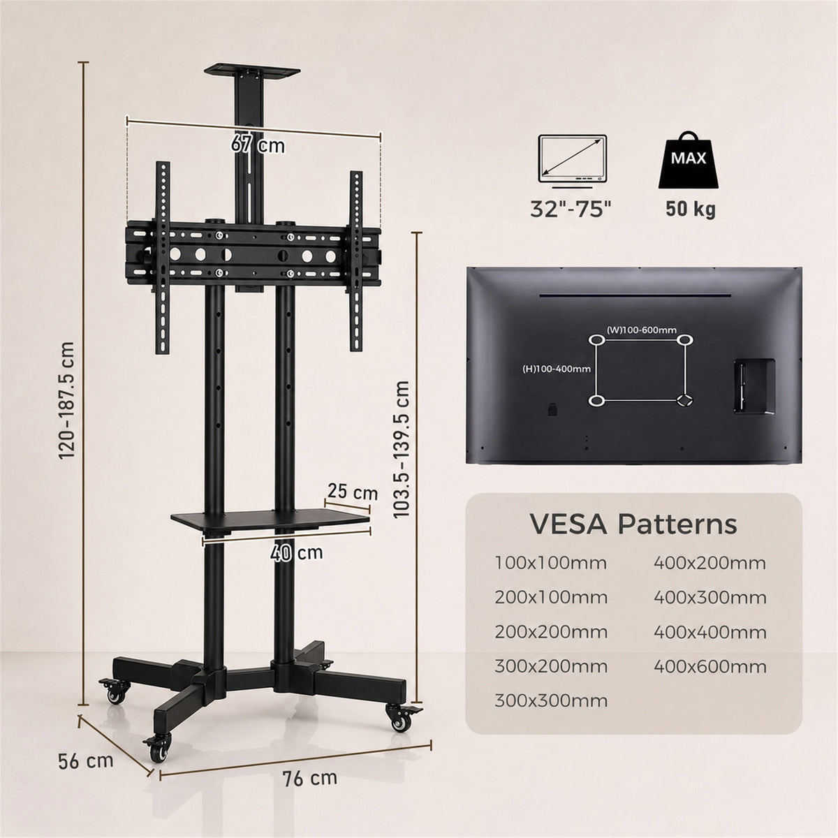 HOMCOM Mobile TV Stand on Wheels for 32-75 Inch Screens, Mobile TV Cart with Tilt, Height Adjustable, Black