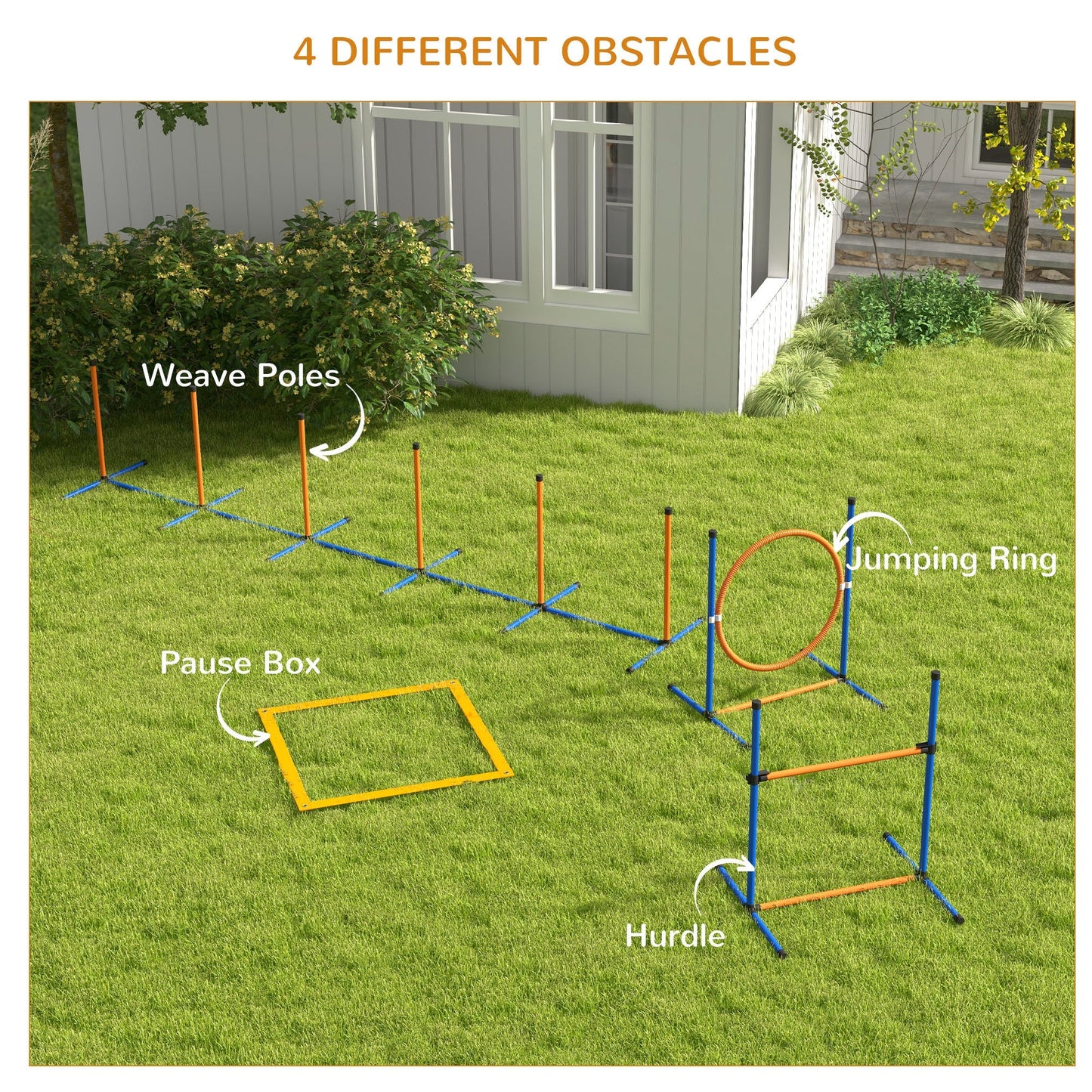 PawHut Five-Piece Dog Agility Equipment Set with Weave Poles, Jump Ring, Hurdle, Pause Box, Training Shorts, Bag, Orange