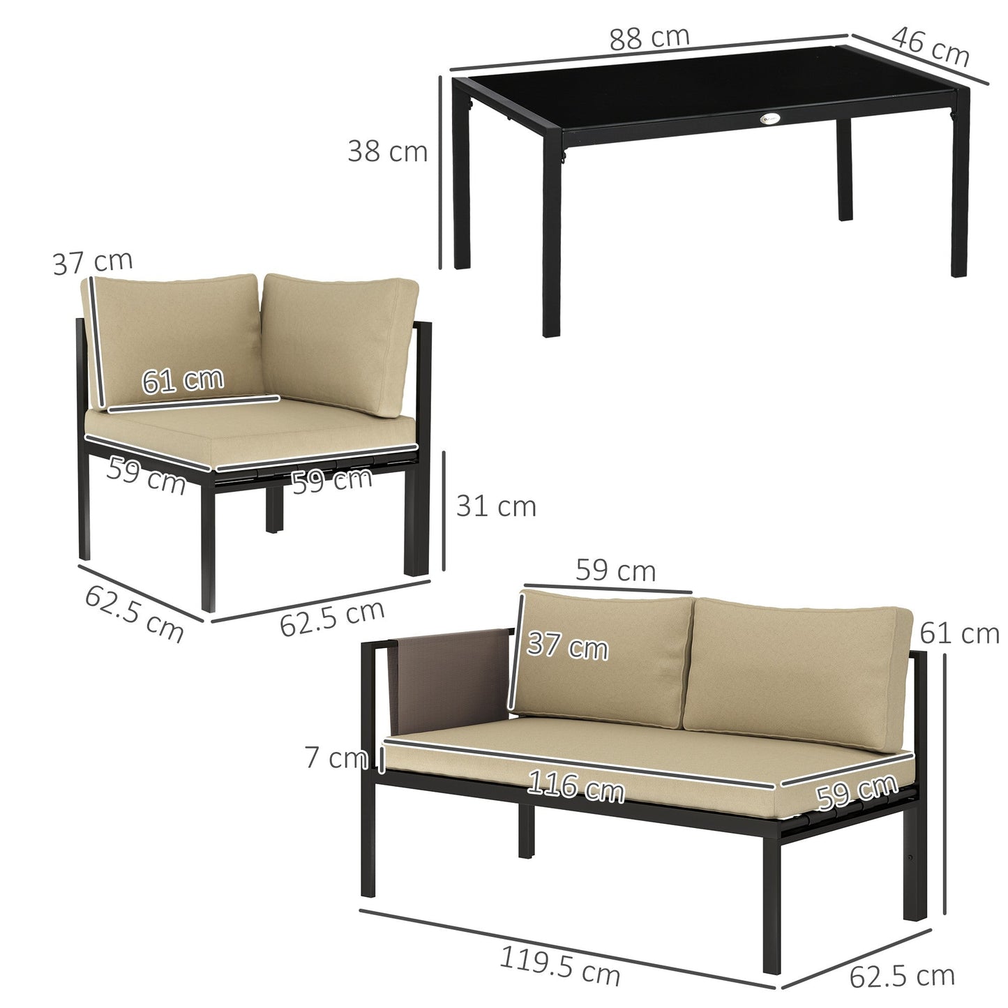 Outsunny 4 Piece Metal Garden Furniture Set with Tempered Glass Coffee Table, Breathable Mesh Pocket, Outdoor Conversational Corner Sofa Loveseat with Padded Cushions, Khaki