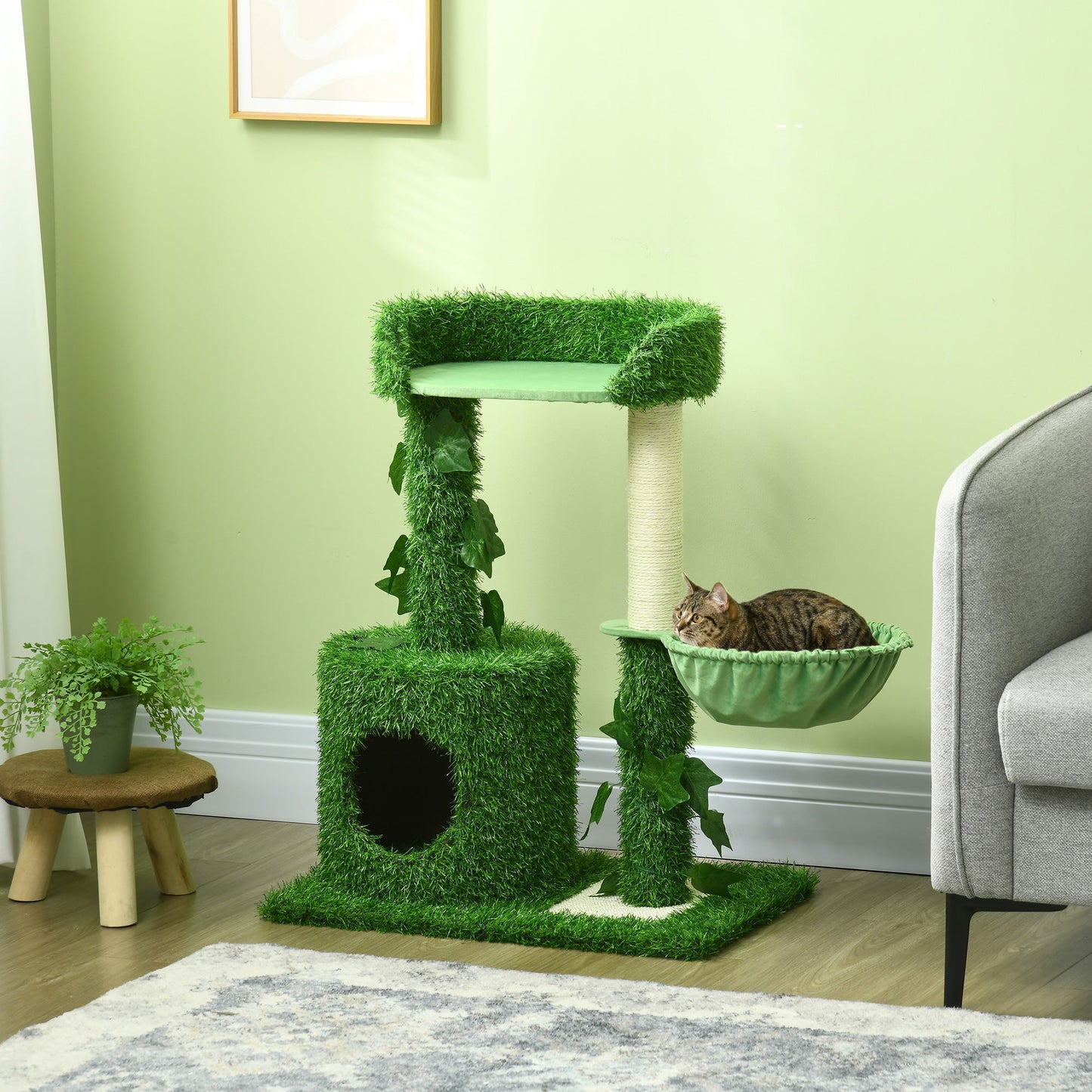 PawHut 77cm Cat Tree for Indoor Cats with Green Leaves, Scratching Posts, Hammock - Green