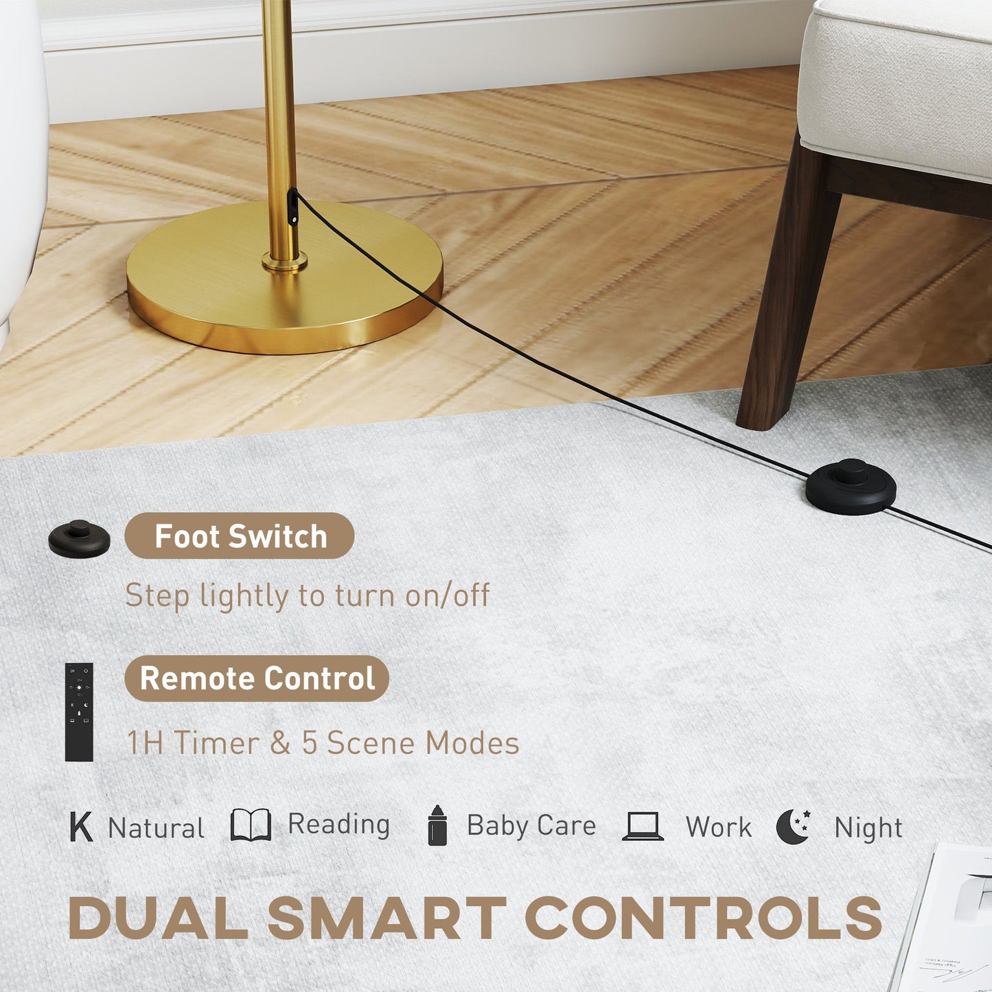 HOMCOM Floor Lamp with Remote, Height Adjustable Standing Lamp with Linen Shade, Dimmable with 3000K-6000K Adjustable Colour Temperatures, Foot Switch for Living Room Bedroom Office, Gold Tone