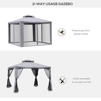 Outsunny 3 x 3 m Metal Gazebo, Garden Pavillion, Double√Ç Roof Outdoor Canopy Shelter with Mesh Sidewalls, Grey