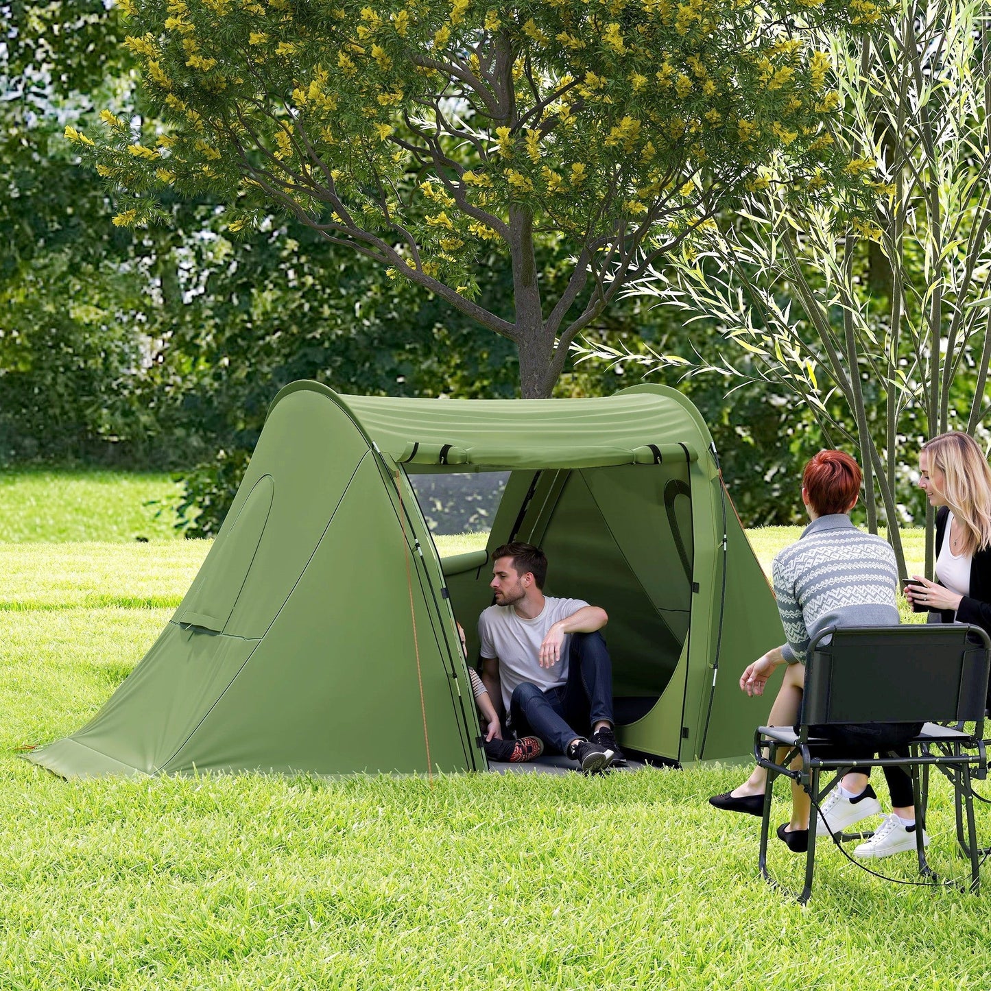 Outsunny 3 Man Camping Tent with Living Area and 2 Bedrooms, 3000mm Waterproof Family Tent with Sewn-in Groundsheet and bag, Portable Dome Shelter for Hiking, Festival, Backpacking, Green