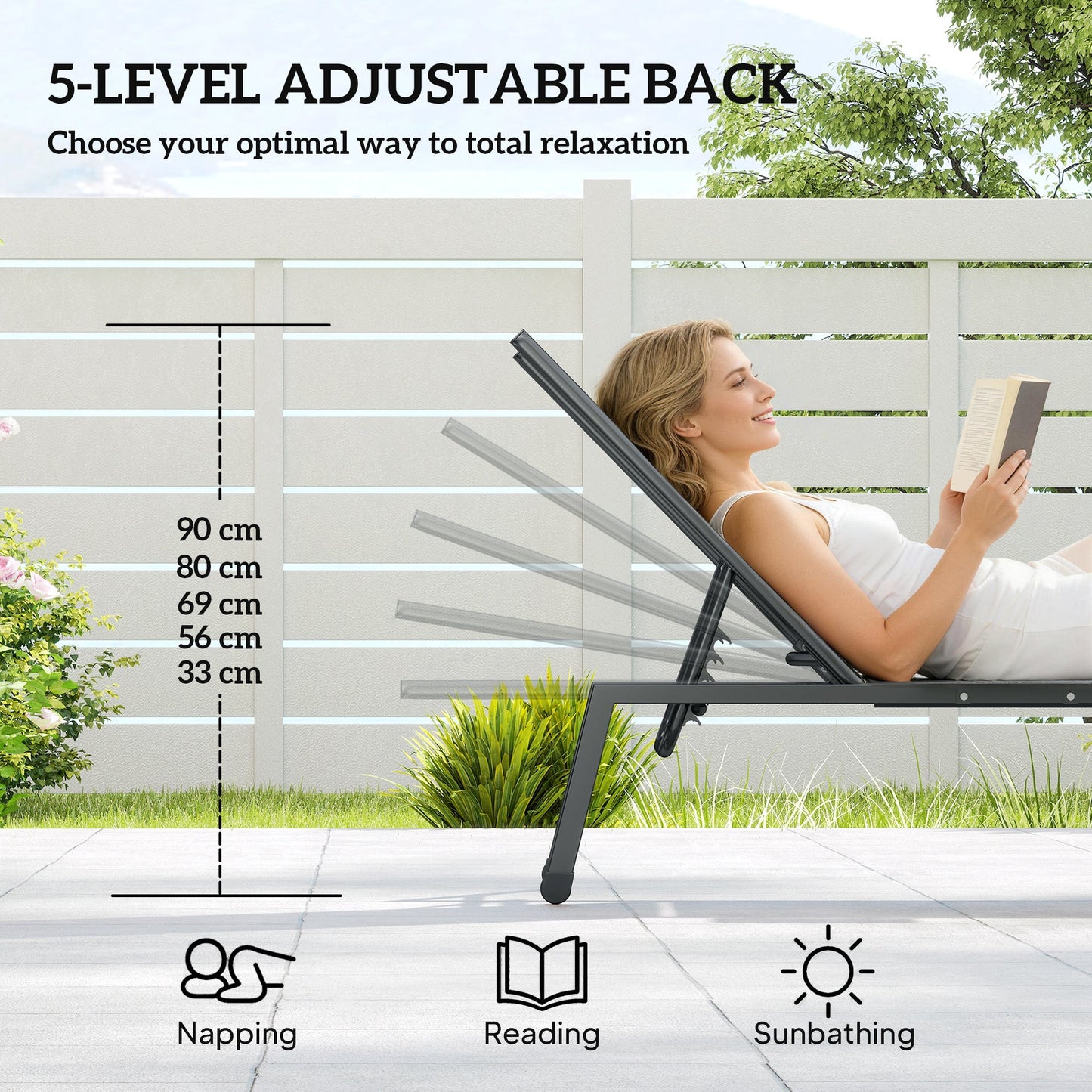 Outsunny Sun Loungers Set of 2 with Side Tray Table, Garden Recliners with 5-Position Adjustable Backrest, 2 Wheels, Grey