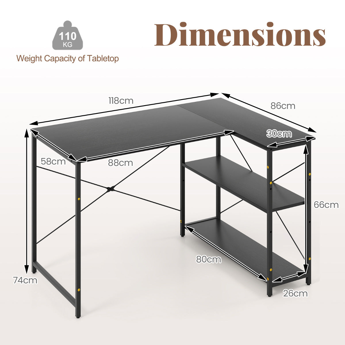 L-shaped Computer Desk Reversible Corner Desk with Adjustable Shelf-Black