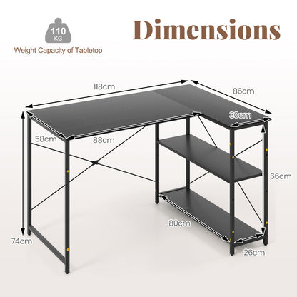L-shaped Computer Desk Reversible Corner Desk with Adjustable Shelf-Black