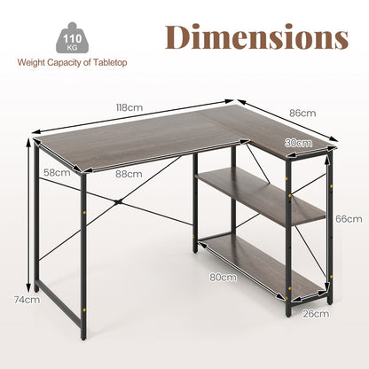 L-shaped Computer Desk Reversible Corner Desk with Adjustable Shelf-Grey