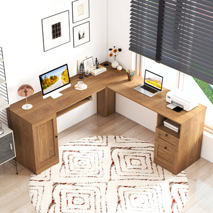 L-shaped Computer Desk with Power Outlets and 2 Storage Drawers-Natural