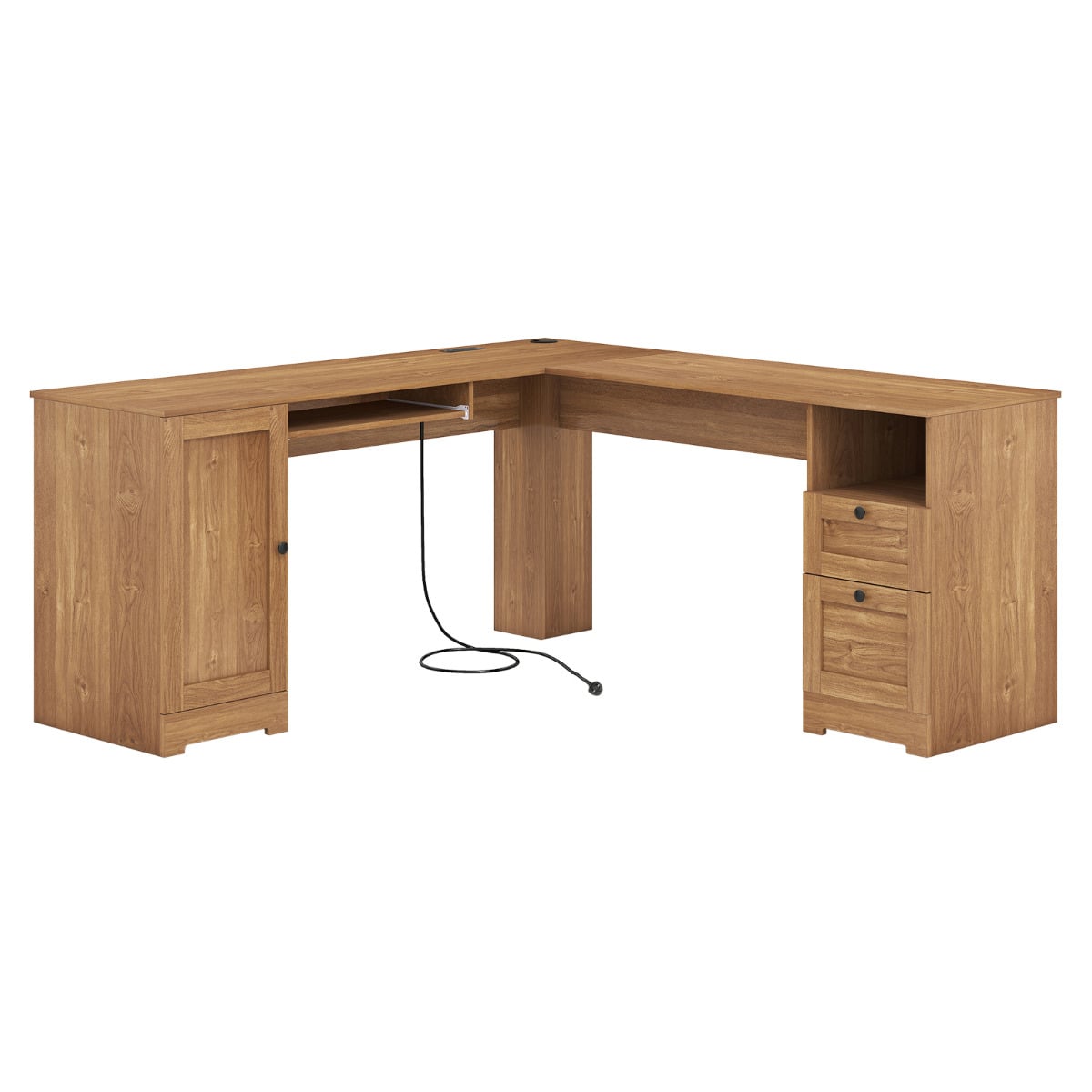 L-shaped Computer Desk with Power Outlets and 2 Storage Drawers-Natural