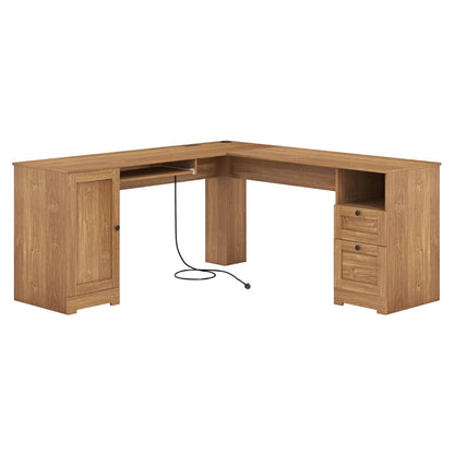 L-shaped Computer Desk with Power Outlets and 2 Storage Drawers-Natural