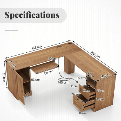 L-shaped Computer Desk with Power Outlets and 2 Storage Drawers-Natural