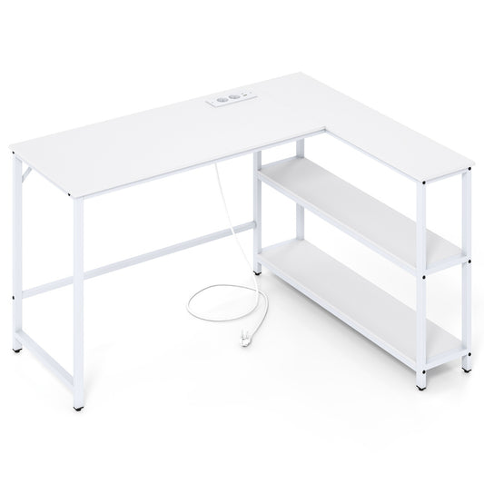 L Shaped Desk with Charging Station Corner Computer Desk with Storage Shelves-White