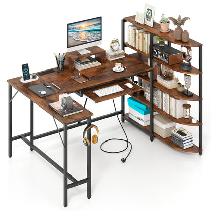 L Shaped Desk with Storage Shelves Corner Computer Desk with Charging Station-Rustic Brown