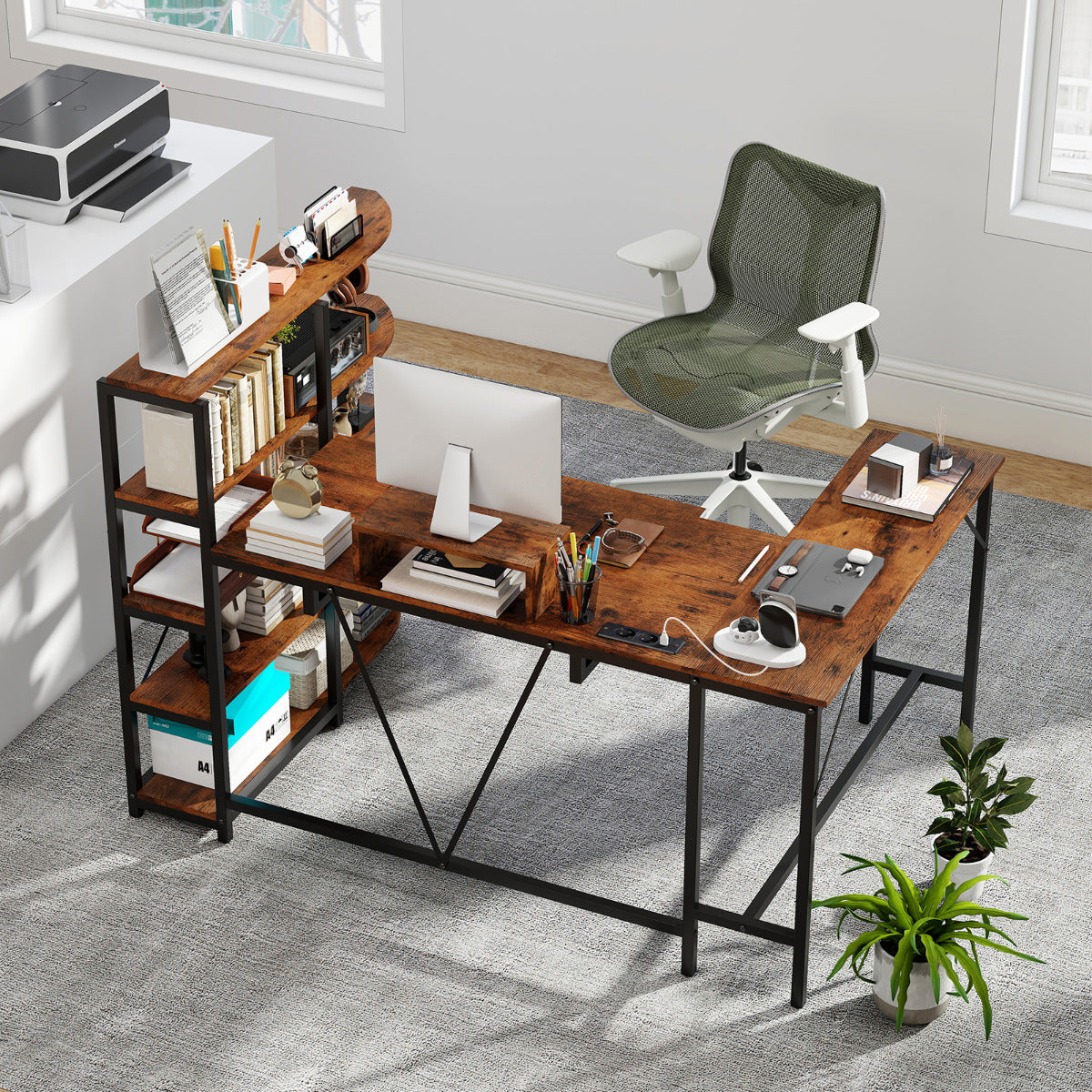 L Shaped Desk with Storage Shelves Corner Computer Desk with Charging Station-Rustic Brown