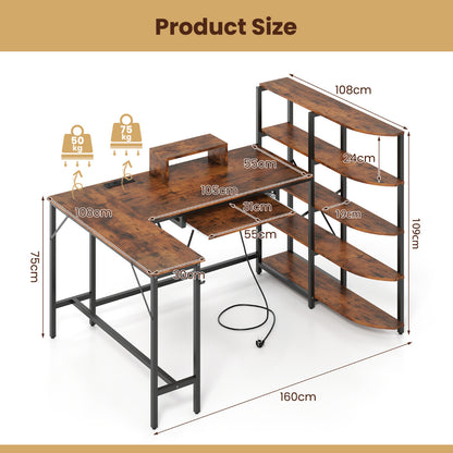 L Shaped Desk with Storage Shelves Corner Computer Desk with Charging Station-Rustic Brown