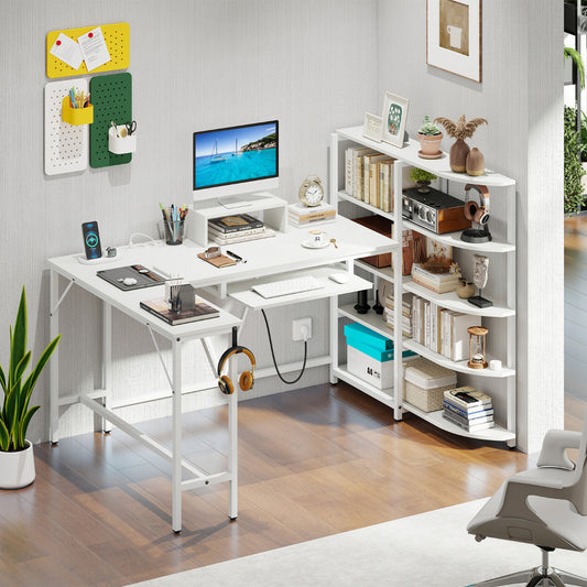 L Shaped Desk with Storage Shelves Corner Computer Desk with Charging Station-White