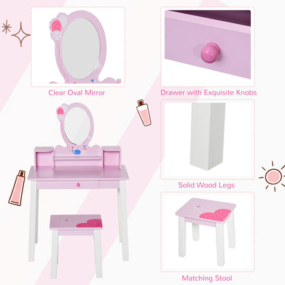 2 Piece Kids Wooden Dressing Table and Stool Girls Vanity Table Makeup Table Set with Mirror Drawers Role Play for Toddlers 3 Year+, Pink White