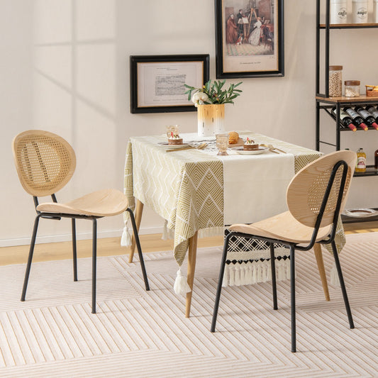 Rattan Dining Chair Set of 2 with Metal Legs and Plywood Seat-Natural
