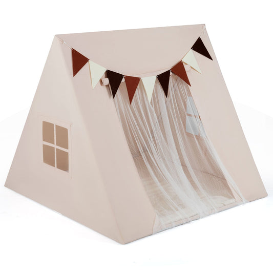 Large Kids Playhouse Tent with Washable Padded Mat and Colorful Flags-Beige
