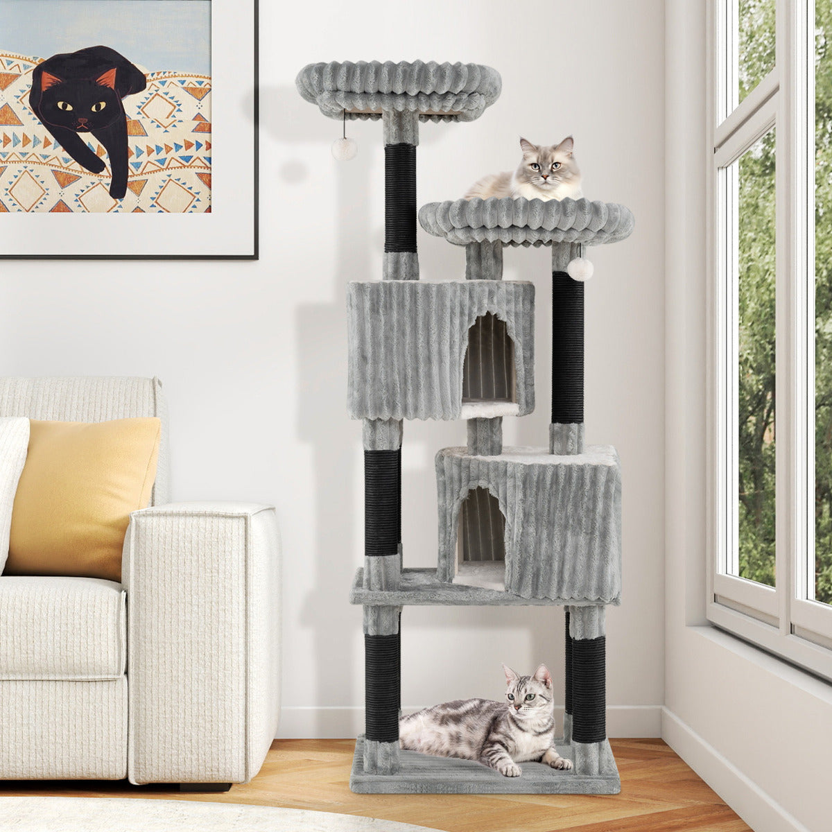 156 cm Large Multi-level Cat Tree with 2 Condos-Light Grey