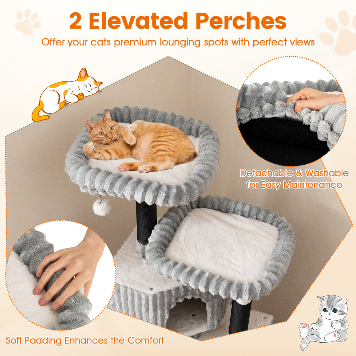 156 cm Large Multi-level Cat Tree with 2 Condos-Light Grey