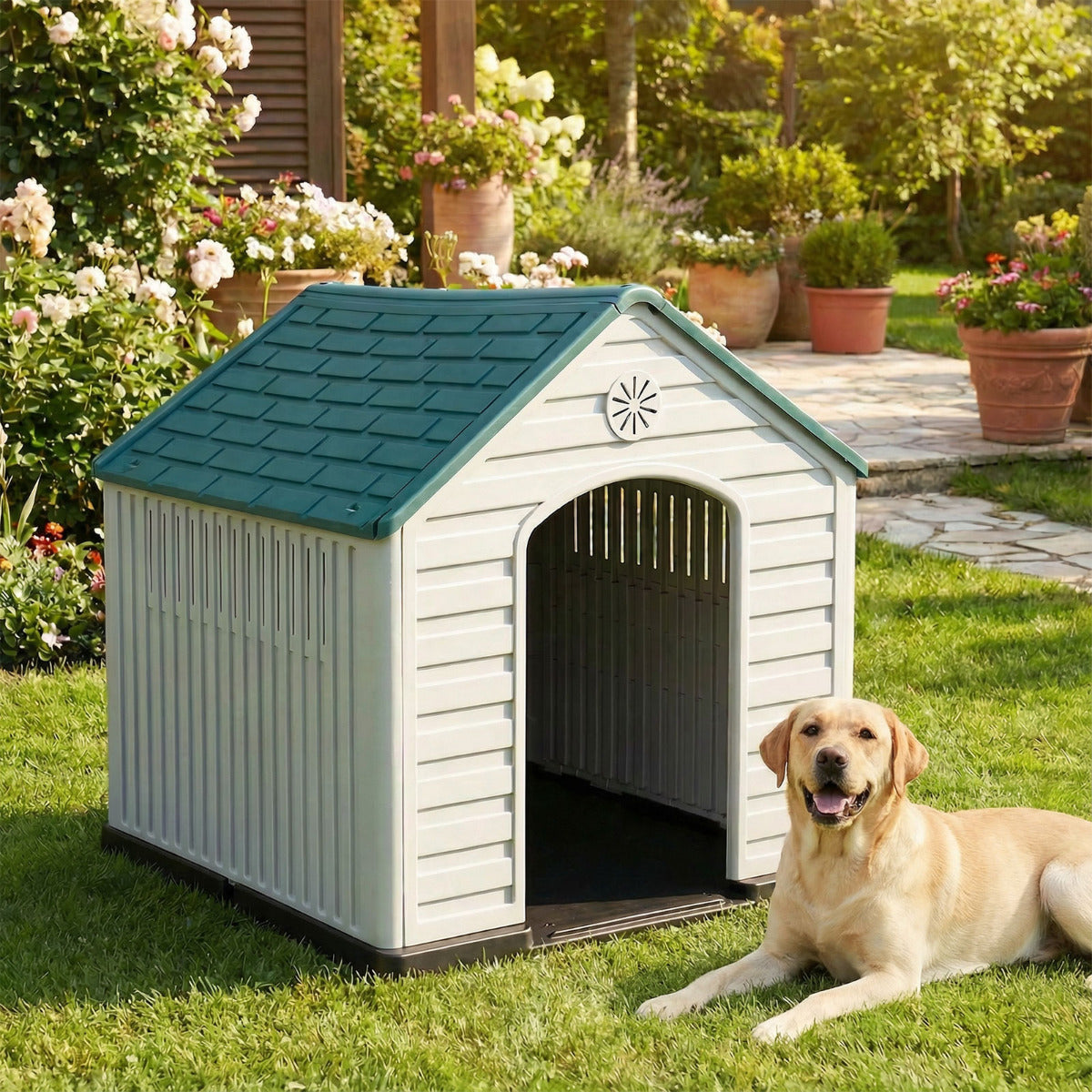 Large Plastic Dog House Waterproof Pet Shelter with Air Vents-Dark Blue