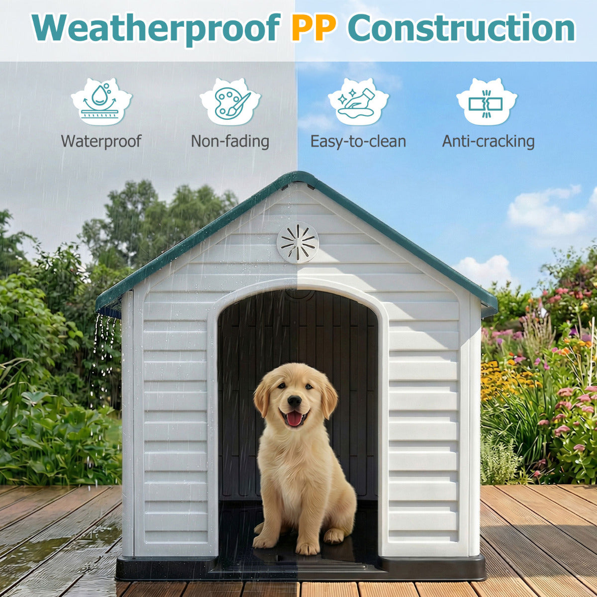 Large Plastic Dog House Waterproof Pet Shelter with Air Vents-Dark Blue