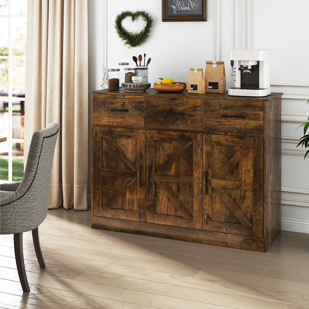108cm Large Sideboard Storage Cabinet with Adjustable Shelves and Doors-Rustic Brown