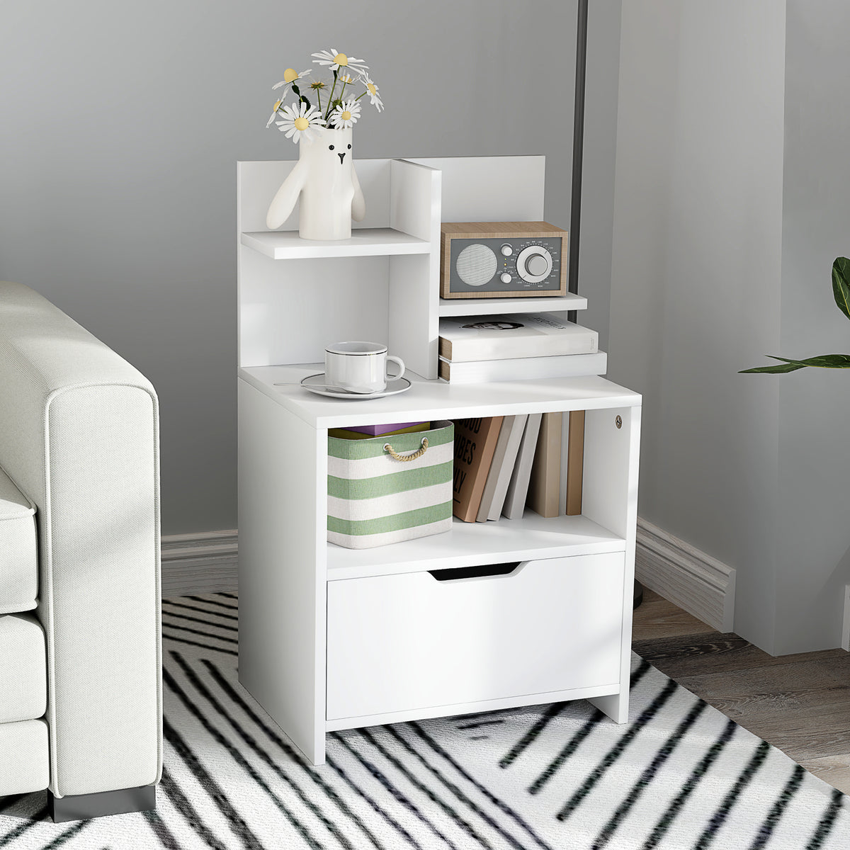 HOMCOM Modern Bedside Table, Nightstand with Drawer, Shelf, Bedside Cabinet for Bedroom, Living Room, White