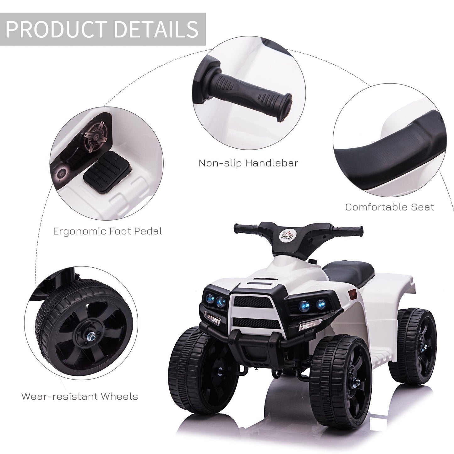 6 V Kids Ride on Cars Quad Bike Electric ATV Toy Quad Bike for Toddlers w/ Headlights Battery Powered for 18-36 months White+Black