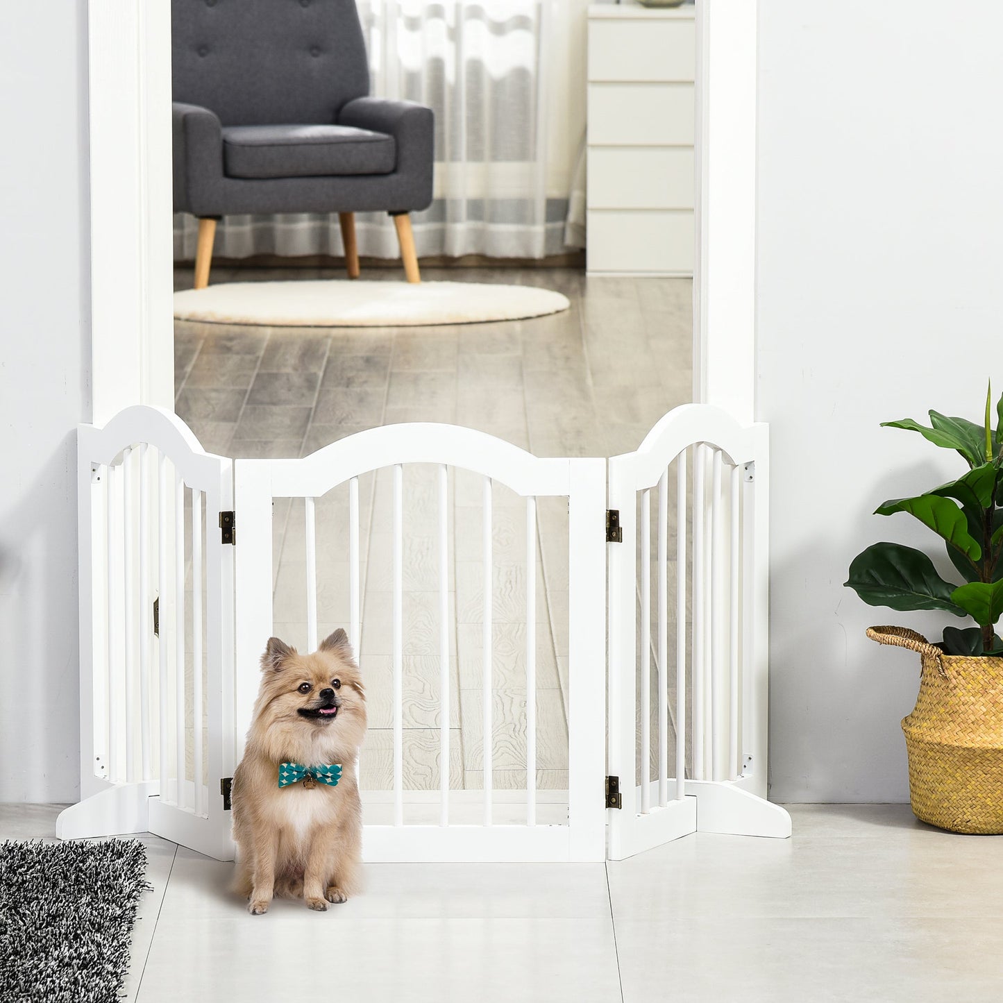 PawHut 3 Panels Dog Gate w/ Support Feet Fence Safety Barrier Freestanding Wood White