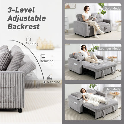 HOMCOM 2 Seater Click Clack Sofa Bed with Pull Out Design, Corduroy Upholstery - Light Grey