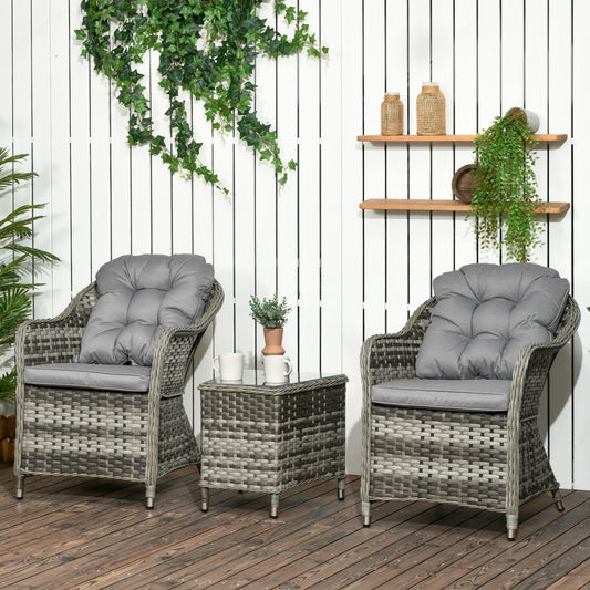 Outsunny 3-częściowy zestaw bistro z rattanu, zestaw bistro ogrodowy z wikliny, szklany blat stołu balkonowego i krzeseł z poduszkami na zewnątrz, patio, balkon, szary