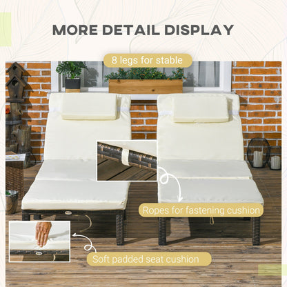 Rattan Sun Loungers Set of 2 with 5-Level Adjustable Backrest, Wicker Lounge Chairs with Padded Cushion and Headrest for Outdoors  Cream White