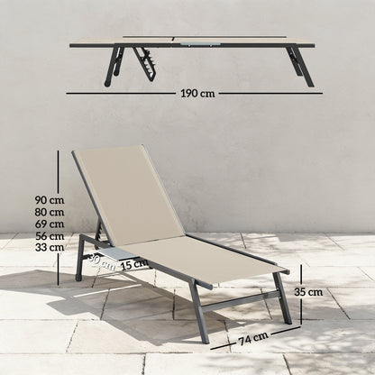 Outsunny Sun Loungers Set of 2 with Side Tray Table, Garden Recliners with 5-Position Adjustable Backrest, 2 Wheels, Khaki