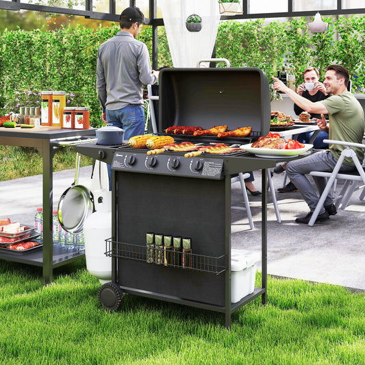 Outsunny 4+1 palnikowy grill gazowy, przenośny grill gazowy z wbudowanym termometrem, pokrywką, stolikiem bocznym, półką, stojakiem na przyprawy, kółkami, pojemnikiem na tłuszcz do gotowania na świeżym powietrzu na przyjęciu ogrodowym, czarny