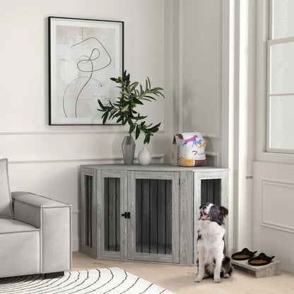 PawHut 2 in 1 Dog Crate Furniture Side Table, with Cushion, 122 x 61 x 71cm - Grey