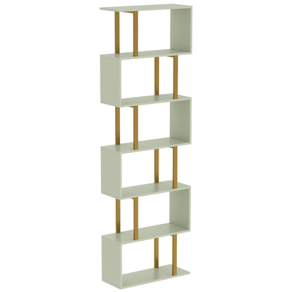 HOMCOM S-Shaped Bookshelf, 6-Tier Bookcase, Freestanding Storage Shelves with Anti-Tip Strap for Living Room, Light Green