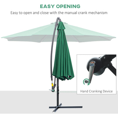 Outsunny 3(m) Garden Banana Parasol Hanging Cantilever Umbrella with Crank Handle and Cross Base for Outdoor, Sun Shade, Green