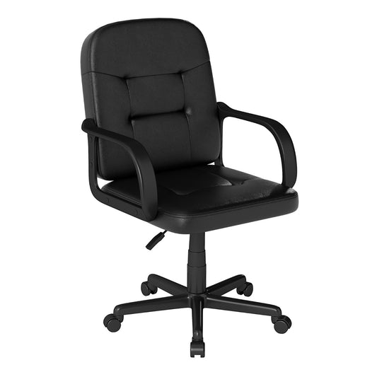 Leather Office Chair PU Upholstered Swivel Chair with Ergonomic Back and Curved Armrests-Black
